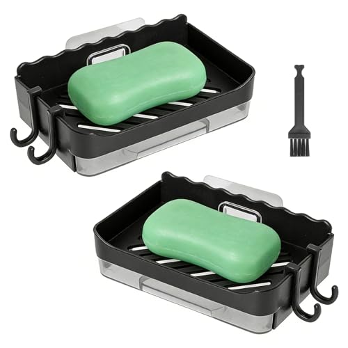 XRVRILE Jabonera de Pared sin Taladro Set 2 Piezas Negra – Jabonera Adhesiva con Drenaje y Ganchos, Montaje en Pared Resistente hasta 10 kg para baño, Ducha y Cocina