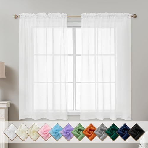 Image of White Sheer Curtains 54 Inch Length, Privacy Semi Sheer Curtains for Dining Room Kitchen, Light Filtering Rod Pocket Voile Window Drapes 2 Panels Set, Each 42 inch W x 54 inch L