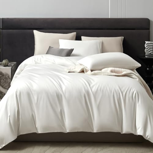 PURE ERA Duvet Cover Set 800 Thread Count Long Staple Cotton Sateen Silky Soft Luxurious Smooth 3 Piece Set Solid White Queen