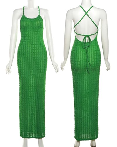 Image of RARITYUS Women's Lace Up Bodycon Maxi Dress Sexy Low Cut Backless Sleeveless Textured Long Party Club Dresses