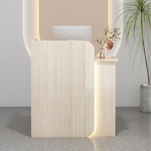 Escritorio de recepción LED con cajones con cerradura para mostrador de caja al por menor, ideal para oficina o salón de belleza, paneles privados, madera clara, 60 x 45 x 100 cm