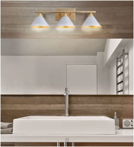 Image of JONATHAN Y Yvette 3-Light Wall Sconce 25 inch Metal Vanity, White /Gold Leaf | Modern Bathroom Mirror Fixture, Cone Shade, UL Listed, For Bathroom Mirror, Bedroom, Hallway, Hardwired, LED Bulb Included