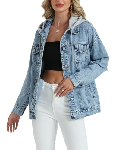 Women's Oversized Denim Jacket Long Distressed Ripped Trucker Jean Jackets Coat With Detachable Hood