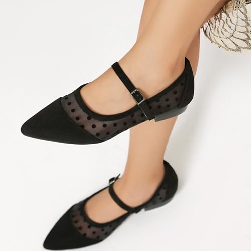 Mesh Ballet Flats for Women Point Toe Splicing Dot Tulle Ballerina Shoes with Adjustable Ankle Strap Comfortable Casual Work Dress Office Womens Flats Shoes4