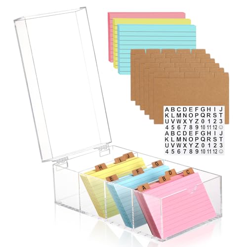 3 x 5 Inch Acrylic Index Card Holder Clear Index Card Box Note Card Organizer with 150 Ruled Lined Index Cards 30 Kraft Dividers A-Z Stickers 4 Divider for Holds 600 Cards Tabs Note Recipe Cards