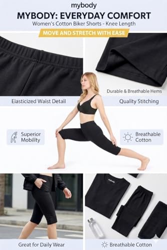 Image of mybody Women's Cotton Knee Length Cycling Shorts | Stretchable Breathable Biker Gym Yoga Workout Shorts | Mid Waist Athletic Fit