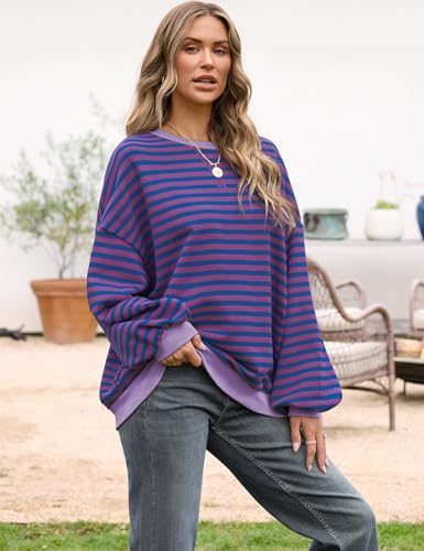 Image of UEU Women Oversized Striped Crewneck Sweatshirt Long Sleeve Color Block Pullover Tops Casual Loose Workout Shirt