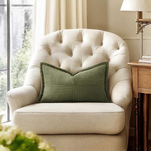 Image of MIULEE Olive Green Corduroy Lumbar Pillow Covers 12x20 Inch 12x20 Inch with Splicing Set of 2 Soft Boho Pillow Covers Broadside Decorative Textured Summer Pillowcases for Couch Bed Livingroom
