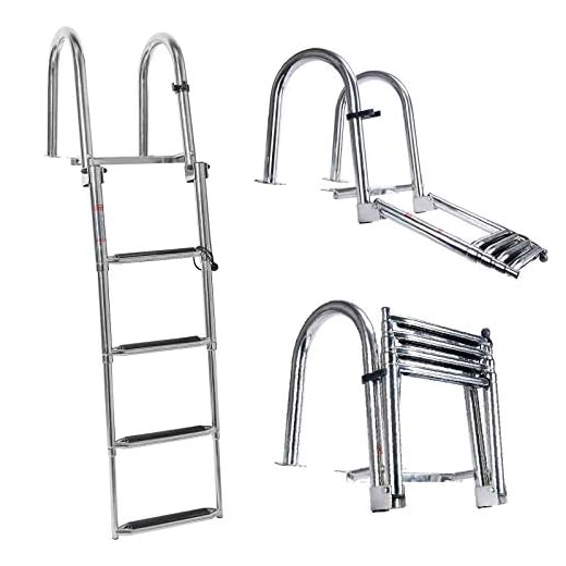 NovelBee 4 Steps Heavy Duty Welded 316 Stainless Steel Pontoon Boat Ladder,Folding Telescoping Rear Entry Dock Ladder with Wide Step,Inboard Handrail and Screws