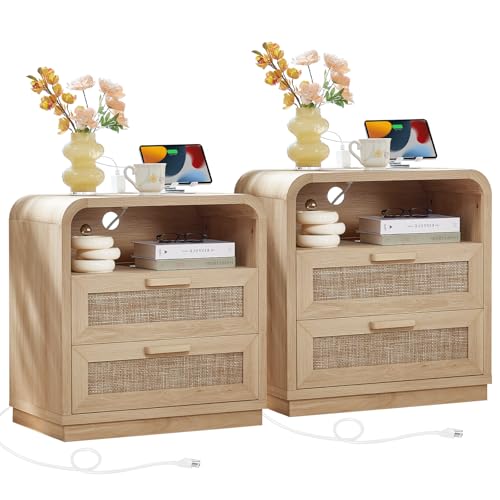 Image of LEYAOYAO Rattan Nightstands Set of 2 with Charging Station, Natural | 23.6 inch Curved 2 Drawers Nightstand with Storage Shelf & Solid Handle, Boho Bedside Tables for Bedroom, Living Room