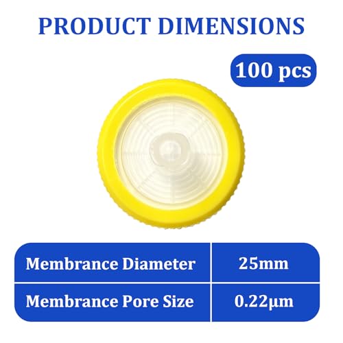 Image of 100 Count Syringe Filter, PES Hydrofilic Membrane 25mm Diameter 0.22um Pore Size, Syringe Lab Filters, Non Sterile Filtration (Yellow) (Pack of 4)