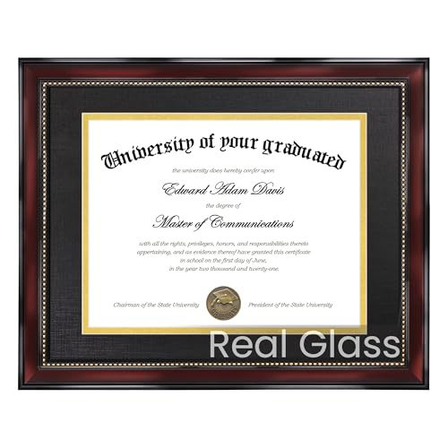 upsimples 11x14 Diploma Frame with High Definition Glass, Fits 8.5x11 Certificate with Black & Gold Mat, Degree Document Frame for Wall or Tabletop, Mahogany with Gold Beads, Graduation Gifts, 1 Pack