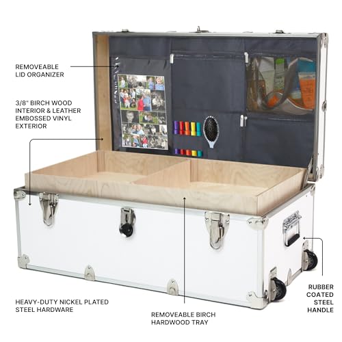 Image of Large Essential Trunk With Wheels, Tray, & Lid Organizer - 32 inchx18 inchx14 inch, 1000+ lbs Capacity. Strong, USA Made Summer Camp Footlocker, and Secure College Dorm Storage Chest