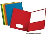 Value Pack of 5 School Grade Twin Pocket Folders; No Fasteners, 5 Colors and an AdvantageOP Black and Chrome Retractable Pen