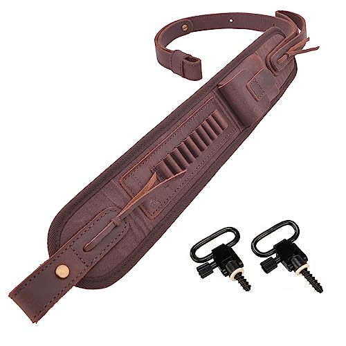 Leather Canvas Gun Sling Rifle Strap with Shell Holder for .22LR .22MAG .17HMR (Coffee with Swivels)