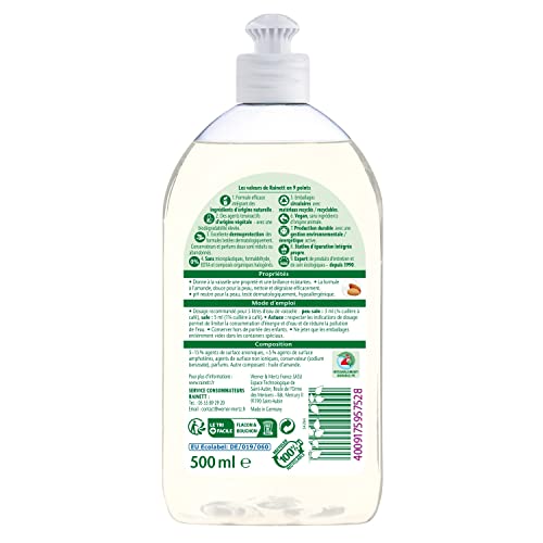 RAINETT - Liquide Vaisselle Mains - Formule Hypoallergénique - Préserve les Peaux Sensibles - Flacon Recyclé & Recyclable - Ecolabel - Amande - 500 ml