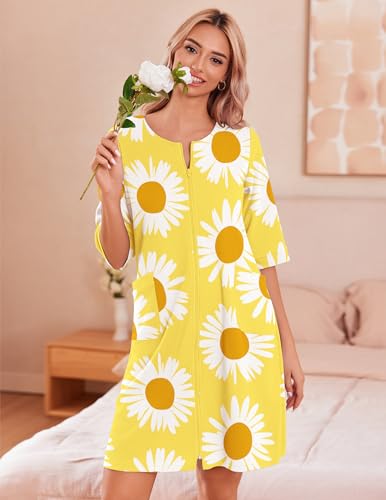 Image of Ekouaer Zip Up Robes for Women Short Waffle Bathrobe Lightweight Knee Length Housecoat with Pockets Nightgown(Yellow Floral)