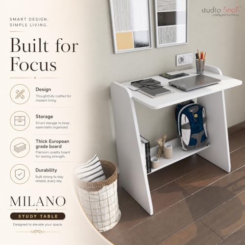Image of Studio Kook Milano Study Table, Engineered Wood, Modern Computer Desk with Storage Shelf, 80cm Height x 75cm Width, Engineered Wood, Matte Finish (Moonshine White) DIY (DO IT Yourself) Assembly