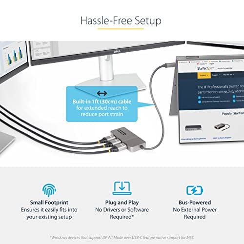Image of StarTech USB-C to Triple HDMI MST Hub, 4K 60Hz, HDR, DSC, 2ch audio | 3-port USB-C to HDMI splitter, Laptop display extender, HDCP 2.2, USB Powered, Built-in cable, Windows