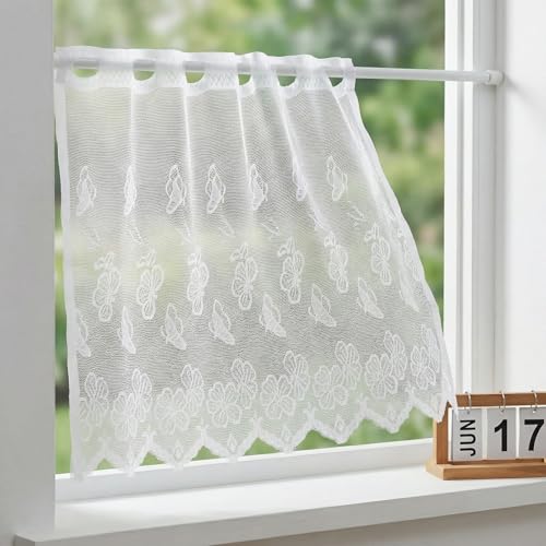 Bistrogardine 50x150 cm,Moderne Scheibengardine Voile für Küche, Wohnzimmer & Schlafzimmer,Kurzstore mit Stangendurchzug,Halber Vorhang für Kleines Fenster,Kaffeevorhang,Landhausstil (Blümchen)