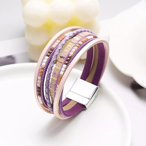 Image of Fesciory Leather Wrap Bracelets for Women, Boho Leopard Multi-Layer Crystal Beads Cuff Bracelet Jewelry