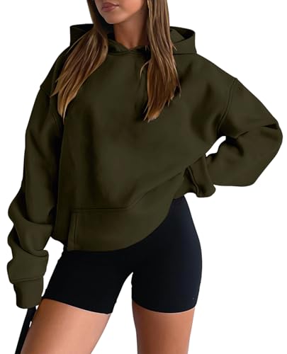 onlypuff Women Hoodies Casual Pullover Long Sleeve Sweatshirt Kangaroo Pocket Drop Shoulder Sweater