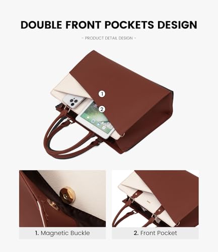 Image of LOVEVOOK Laptop Tote Bag for Women, Leather Business Office Work Bag Computer Briefcase with Small Clutch fit for 15.6 Inch Laptop,Brown-Beige
