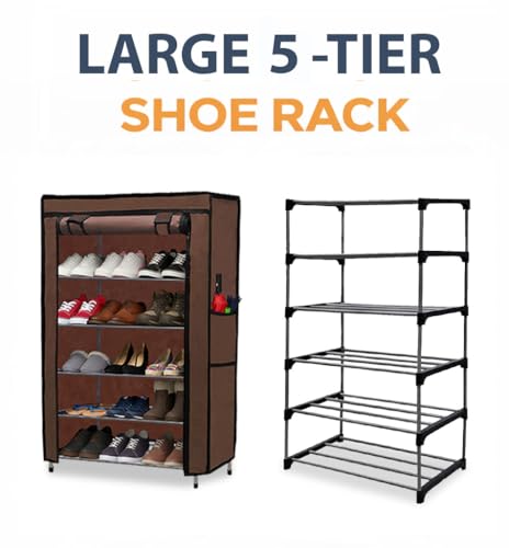 Image of Metal Shoe Stand with Cover, 5 Tier Shoe Organizer for Home & Office - Brown