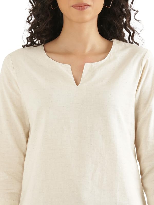 Image of SAADAA Airy Linen Split Neck Short Kurta for Women | Casual & Office Wear | 3 /4 Sleeves, Comfortable Fit | Elegant Top | Lightweight & Breathable Fabric |