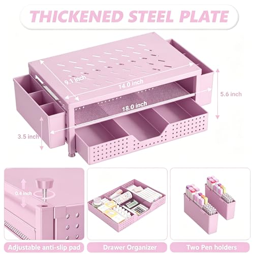 Image of OPNICE Laptop Stand for Desk Organizer and Accessories, 2-Tier Computer Monitor Stand Riser with Drawer and 2 Pen Holders, Ventilated Perforated Steel Top, Office Desk Accessories for Home Office Supplies, Pink
