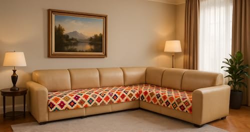 Image of JAPA Teal Ikat Medallion Quilted Velvet L-Shape Seat-Only Sofa Cover for 3+2 Seater - Non-Slip Washable Daily Use Sofa Protector, Luxury Sofa Mat for Living Room