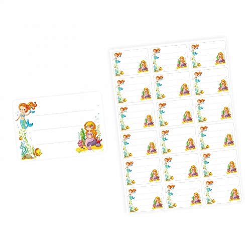 72 etiquetas en blanco con diseño de sirenas – 64 x 45 mm – Etiquetas para nombre para niña