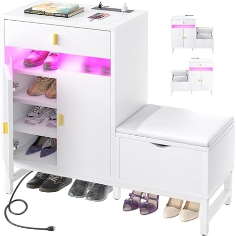 armocity Shoe Cabinet Storage for Entryway - Freestanding Shoe Rack Bench with LED Lights & Power Outlets, Reversible Shoe Storage Cabinet Organizer with Drawer and Hidden Compartment, White Cover