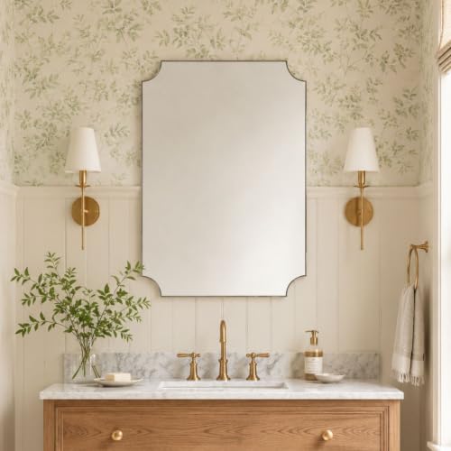 Image of TEHOME Brushed Nickel Scalloped Bathroom Mirrors, 24x36'' Silver Metal Framed Vanity Mirror for Bathroom