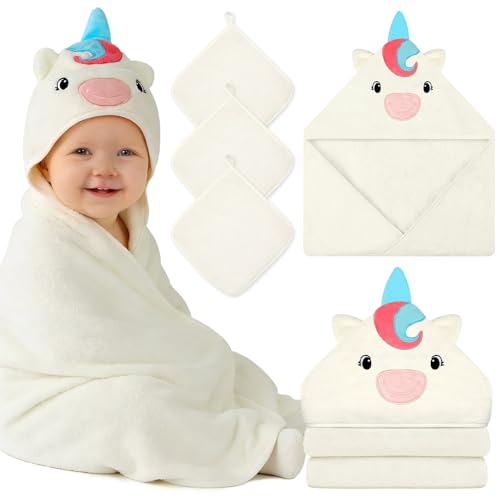 Image of 4PCS Baby Bath Towels Set for Infants Essentials, Baby Towels Set(Unicorn) | 1xBaby Towels & 3xWashcloths Set, Animal Hooded Baby Bath Towels, Baby Bath Essentials, Newborn Shower Gifts for Boys & Girls