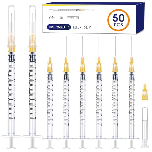 Image of 50 Pack 1ml Syringes with Needle-25Ga 1 Inch, Individually Sealed Packaging