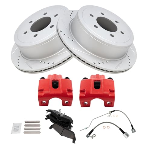 Image of TRQ Performance Rear Brake Pad and Rotor Set Ceramic Coated Drilled Slotted | For 2004-2008 Ford F-150 2006-2007 Lincoln Mark LT