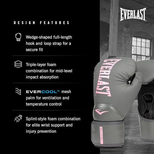 Image of Everlast Elite 2 Womens Boxing Gloves | Vegan Leather Boxing Gloves for Women and Children & Ventilation | Cardio, Speedbag, and Heavy Bag Training Gloves (8 oz, Grey and Pink)