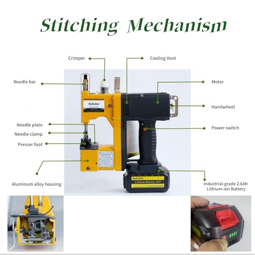 Image of Cordless Bag Sewing Machine |PortableIndustrial Bag Closer |2-Second Fast Sealingfor Woven PP /Canvas /Jute Bags |Factory &Farm Bag Stitcher (Yellow, Lithium Battery-36VDC)