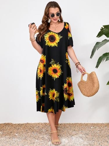 Image of LARACE Plus Size Women Dress for Summer, Midi Women's Sundress, Casual V-Neck Short Sleeve Flowy T-Shirt Dresses with Pockets