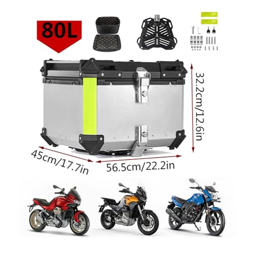 Aluminum Motorbike Tail Box Trunk Waterproof Scooter Rear Top Box, Top Case for Store Helmet Large Luggage, 36L 45L 55L 65L with Security Lock(Silver,80L)
