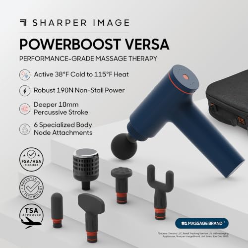 Image of Sharper Image Powerboost Versa Heat & Cold Therapy Percussion Massage Gun | Deep Tissue Back Massager, Quiet, Lightweight Handheld Massage Tool, Travel Case, Full Body Muscle Pain Relief, Trigger Point