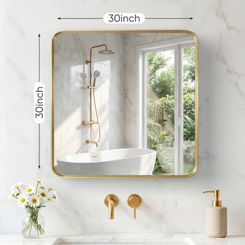 Image of Sweetcrispy Bathroom Mirror 30x30 Inch Metal Framed Rounded Rectangle Vanity Mirror for Wall, Over Sink, Farmhouse, Restroom, Anti-Rust, Modern Decorative, Horizontal or Vertical Hanging, Gold