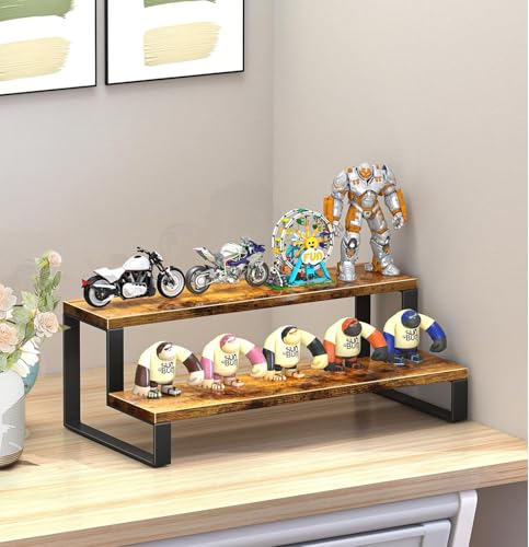 Image of Craft Mshopr 2-Step Wooden Cake Stand Cupcake Display - Rustic Brown, 14-Inch Multi-Purpose Dessert Stand with Iron Accents - Tiered Wedding Cake Holder, Party & Bakery Serving Platter