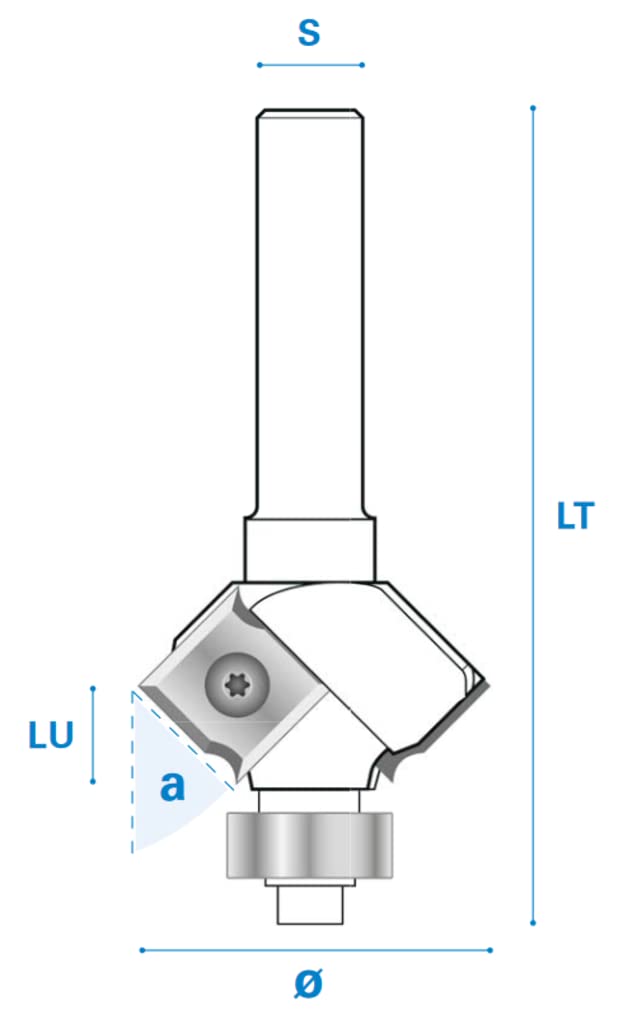 Fresa de metal duro, con cuchilla reversible y rodamiento de bolas de carburo duro, rueda derecha, filo 2, 45°, longitud de trabajo 8,3 mm, longitud total 60 mm, vástago 8 mm, diámetro 29 mm