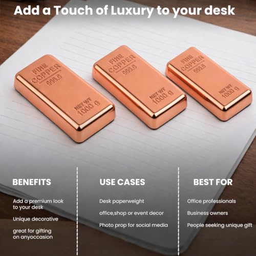 Image of ZAHEPA Realistic Metal Copper Bar Paperweight for Office Table, Fake Copper Biscuit Paper Weight Table Decoration, Prop for Jewellery Shop & Heist Theme, Unique Gift for Home & Office (Pack of 3)