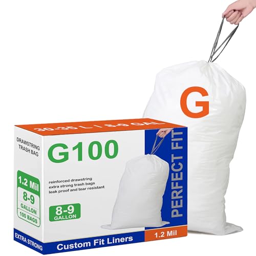 Image of Perfect Fit Code G 100 Count Compatible with simpIehuman Code G Heavy Duty Trash Bags 8-9 Gallon 1.2 Mil THICK White Garbage Can Liners with Reinforced Drawstring 100 Count GRAND SAVE