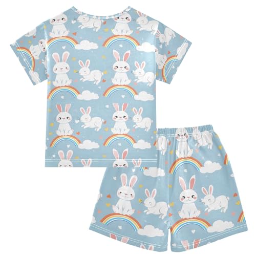 ALAZA Cute Cartoon Rabbit Rainbow Pajamas Set Short Sleeve Cotton Sleepwear Summer Pjs 2 Piece 5-14Y2