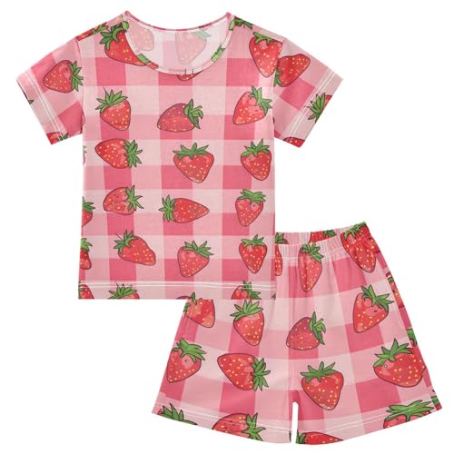 ALAZA Cartoon Strawberry Plaid Stylish Pajamas Short Sleeve 2 Piece Sleepwear Top and Bottom Pajama Set Unisex