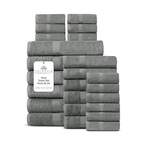 Image of Villa Celestia 24-Piece 100% Cotton Towel Set, 6 Bath Towels, 6 Hand Towels, 12 Wash Cloth, Quick-Dry, Grey